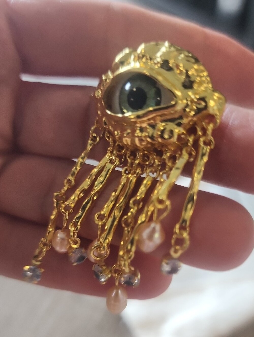 Gold Eye Brooch with Green Glass Iris and Pearl Drops - Picture 10 of 11